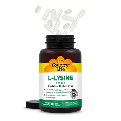 Country Life L-Lysin 500 mg mit B-6 – Unterstützt die Immungesundheit, fördert die Kollagenerneuerung in Lippen und Mund – 100 vegane Kapseln, zertifiziert glutenfrei, zertifiziert vegan