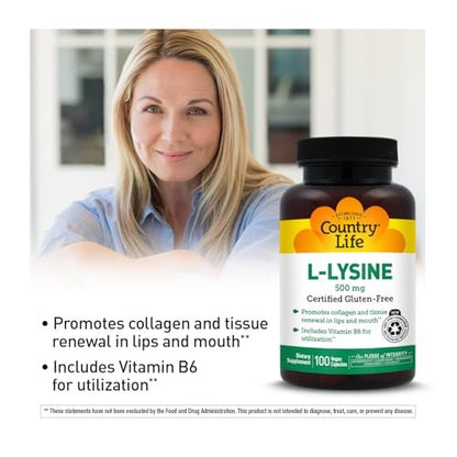 Country Life L-Lysin 500 mg mit B-6 – Unterstützt die Immungesundheit, fördert die Kollagenerneuerung in Lippen und Mund – 100 vegane Kapseln, zertifiziert glutenfrei, zertifiziert vegan