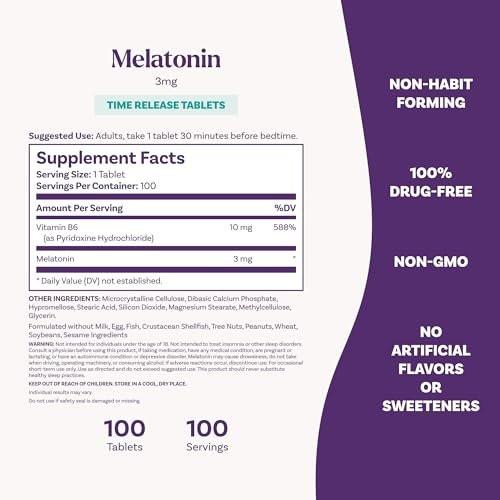 Natrol Melatonin 3 mg Zeitfreisetzung – Nahrungsergänzungsmittel zur Minimierung von Aufwachphasen, Einschlafhilfe für die Nacht, 100 Tabletten, bis zu 100 Tage Versorgung