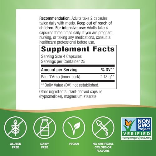 Nature's Way PAU d'Arco Innere Rinde, traditionelles südamerikanisches Kraut, 2.180 mg pro 4-Kapseln-Portion, Non-GMO Project verifiziert, 100 Kapseln (Verpackung kann variieren)