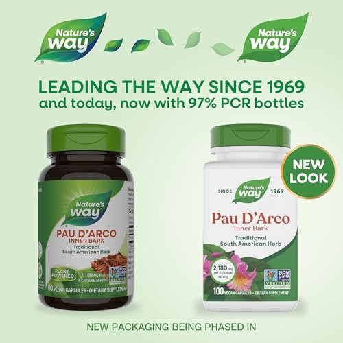 Nature's Way PAU d'Arco Innere Rinde, traditionelles südamerikanisches Kraut, 2.180 mg pro 4-Kapseln-Portion, Non-GMO Project verifiziert, 100 Kapseln (Verpackung kann variieren)
