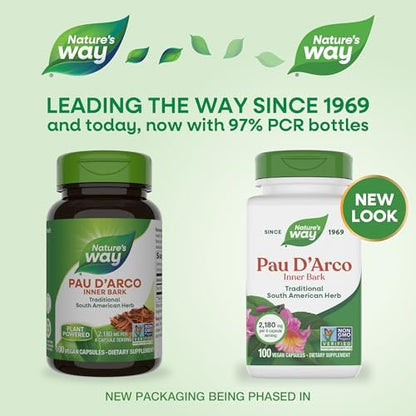 Nature's Way PAU d'Arco Innere Rinde, traditionelles südamerikanisches Kraut, 2.180 mg pro 4-Kapseln-Portion, Non-GMO Project verifiziert, 100 Kapseln (Verpackung kann variieren)