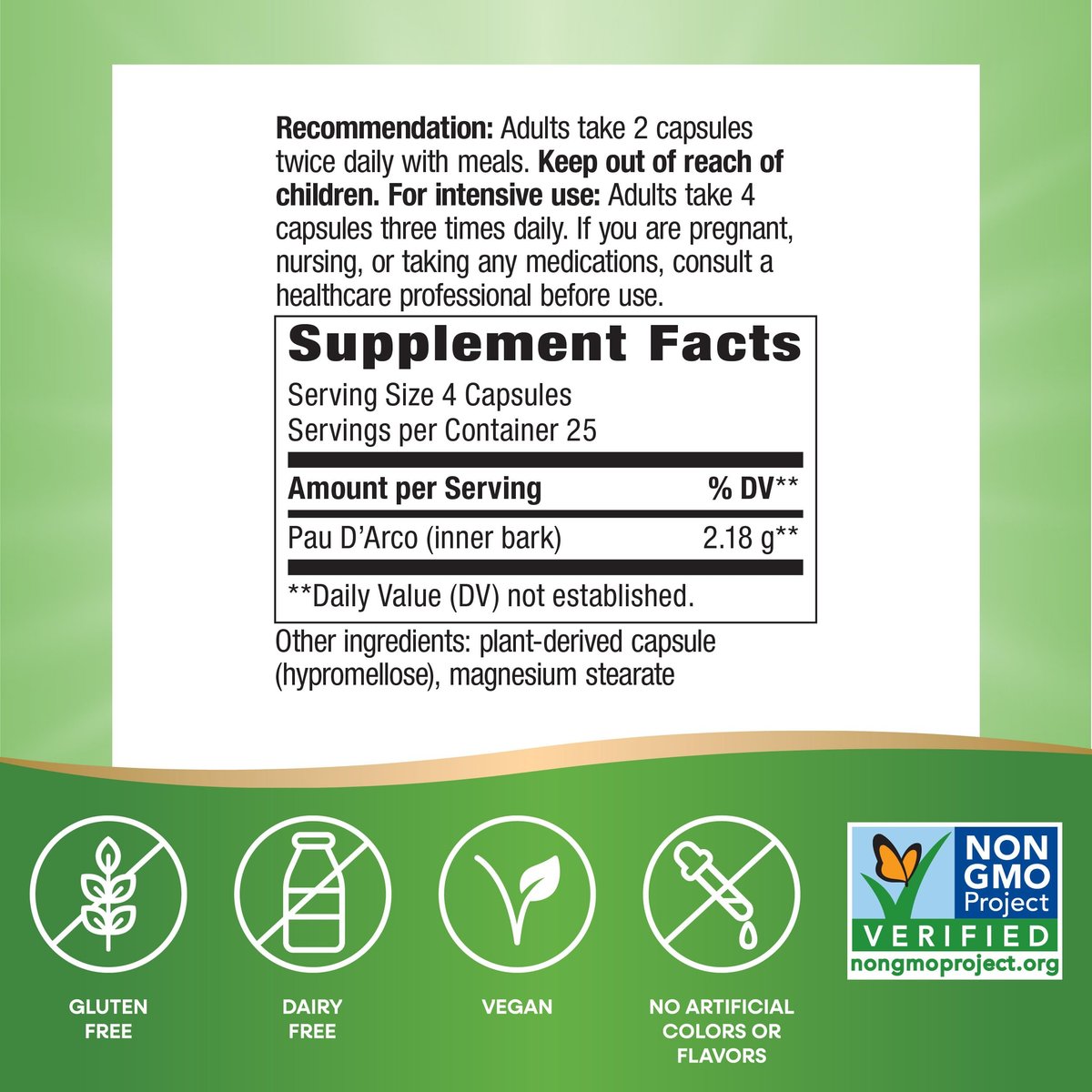 Nature's Way PAU d'Arco Innere Rinde, traditionelles südamerikanisches Kraut, 2.180 mg pro 4-Kapseln-Portion, Non-GMO Project verifiziert, 100 Kapseln (Verpackung kann variieren)