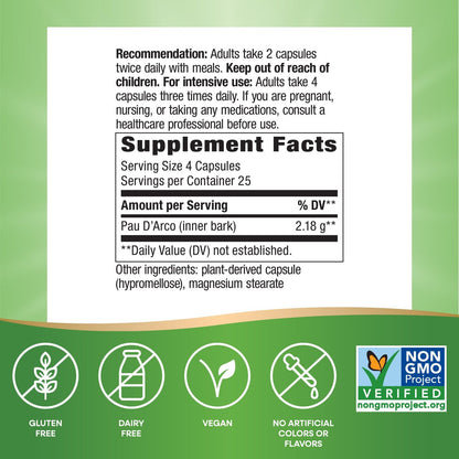 Nature's Way PAU d'Arco Innere Rinde, traditionelles südamerikanisches Kraut, 2.180 mg pro 4-Kapseln-Portion, Non-GMO Project verifiziert, 100 Kapseln (Verpackung kann variieren)