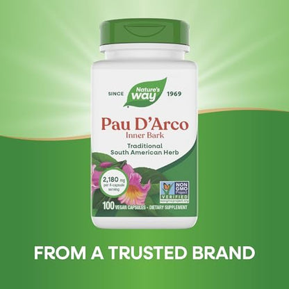 Nature's Way PAU d'Arco Innere Rinde, traditionelles südamerikanisches Kraut, 2.180 mg pro 4-Kapseln-Portion, Non-GMO Project verifiziert, 100 Kapseln (Verpackung kann variieren)