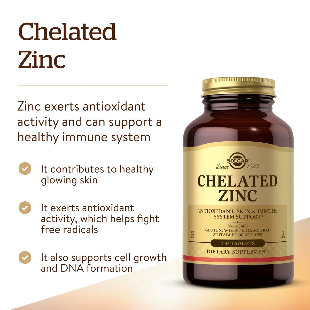 Solgar Chelat-Zink, 250 Tabletten - Zink für gesunde Haut - Unterstützt Zellwachstum & DNA-Bildung - Antioxidative Wirkung - Unterstützt ein gesundes Immunsystem - Nicht GVO, Vegan - 250 Portionen