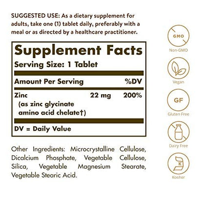 Solgar Chelat-Zink, 250 Tabletten - Zink für gesunde Haut - Unterstützt Zellwachstum & DNA-Bildung - Antioxidative Wirkung - Unterstützt ein gesundes Immunsystem - Nicht GVO, Vegan - 250 Portionen