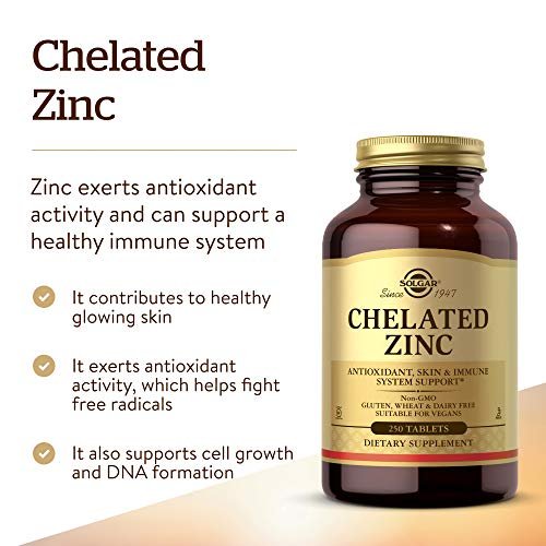 Solgar Chelat-Zink, 250 Tabletten - Zink für gesunde Haut - Unterstützt Zellwachstum & DNA-Bildung - Antioxidative Wirkung - Unterstützt ein gesundes Immunsystem - Nicht GVO, Vegan - 250 Portionen