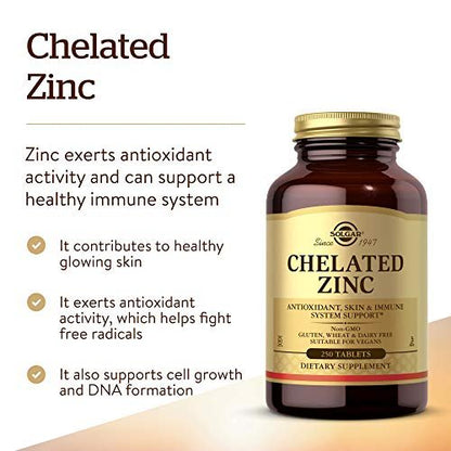 Solgar Chelat-Zink, 250 Tabletten - Zink für gesunde Haut - Unterstützt Zellwachstum & DNA-Bildung - Antioxidative Wirkung - Unterstützt ein gesundes Immunsystem - Nicht GVO, Vegan - 250 Portionen