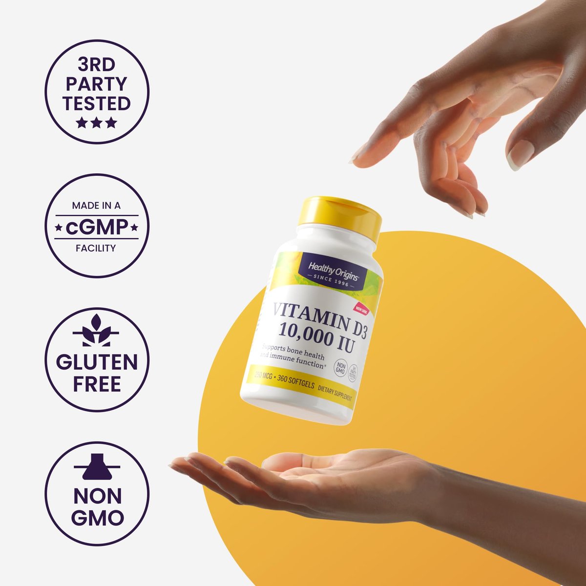 Healthy Origins Vitamin D3 & K2 – Hoch bioverfügbares Vitamin D3 (50 µg) & K2 (200 µg) – Nicht-GVO & glutenfrei – 60 Softgels