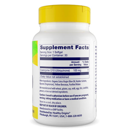 Healthy Origins CoQ10 100 mg, 30 Softgels – Natürliches Trans-Isomer Ubichinon, Hefefermentiert, Hohe Bioverfügbarkeit, Coenzym Q10 für Herzgesundheit & Zellenergie – Antioxidans Nahrungsergänzungsmittel