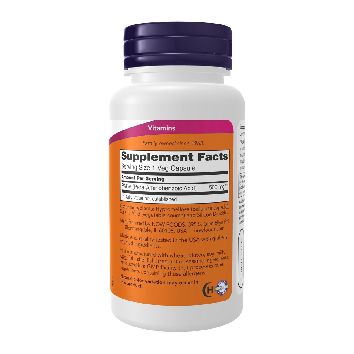 NOW Supplements, PABA (Para-Aminobenzoesäure) 500 mg, B-Komplex-Familie, 100 Kapseln