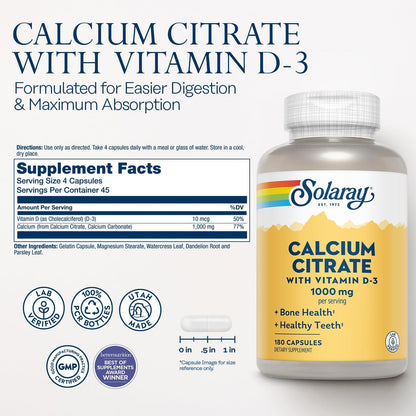 Solaray Calciumcitrat mit Vitamin D3 1000 mg – für Knochenstärke und gesunde Zähne – sanfte Verdauungsformel – laborgeprüft, 60-Tage-Garantie – 180 Kapseln