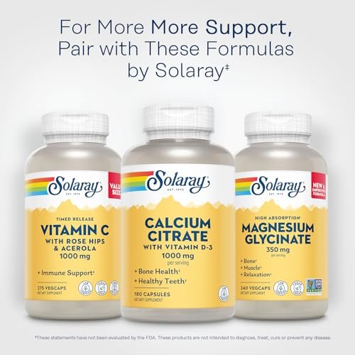 Solaray Calciumcitrat mit Vitamin D3 1000 mg – für Knochenstärke und gesunde Zähne – sanfte Verdauungsformel – laborgeprüft, 60-Tage-Garantie – 180 Kapseln