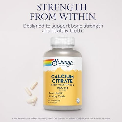 Solaray Calciumcitrat mit Vitamin D3 1000 mg – für Knochenstärke und gesunde Zähne – sanfte Verdauungsformel – laborgeprüft, 60-Tage-Garantie – 180 Kapseln