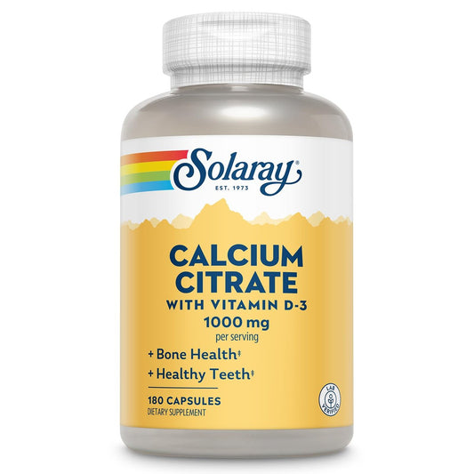 Solaray Calciumcitrat mit Vitamin D3 1000 mg – für Knochenstärke und gesunde Zähne – sanfte Verdauungsformel – laborgeprüft, 60-Tage-Garantie – 180 Kapseln
