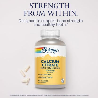 Solaray Calciumcitrat mit Vitamin D3 1000 mg – für Knochenstärke und gesunde Zähne – sanfte Verdauungsformel – laborgeprüft, 60-Tage-Garantie – 180 Kapseln