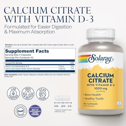 Solaray Calciumcitrat mit Vitamin D3 1000 mg – für Knochenstärke und gesunde Zähne – sanfte Verdauungsformel – laborgeprüft, 60-Tage-Garantie – 180 Kapseln
