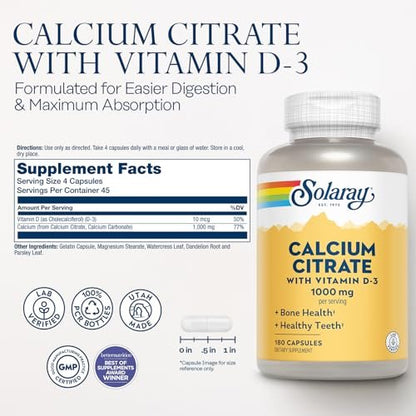 Solaray Calciumcitrat mit Vitamin D3 1000 mg – für Knochenstärke und gesunde Zähne – sanfte Verdauungsformel – laborgeprüft, 60-Tage-Garantie – 180 Kapseln