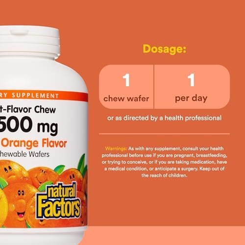 Natural Factors, Kinder Kautabletten Vitamin C 500 mg, Unterstützt Immunsystem, Knochen, Zähne und Zahnfleisch, Orangen-Geschmack, 180 Stück (1er-Pack)