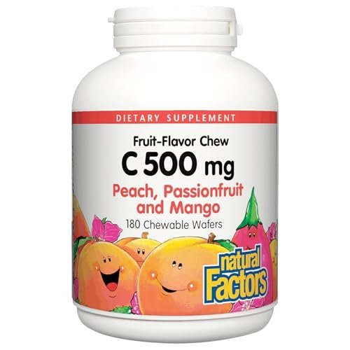 Natural Factors, Kinder Kaubare Vitamin C 500 mg, Unterstützt Immunsystem, Knochen, Zähne und Zahnfleisch, Pfirsich, Passionsfrucht und Mango, 180 Lutschtabletten