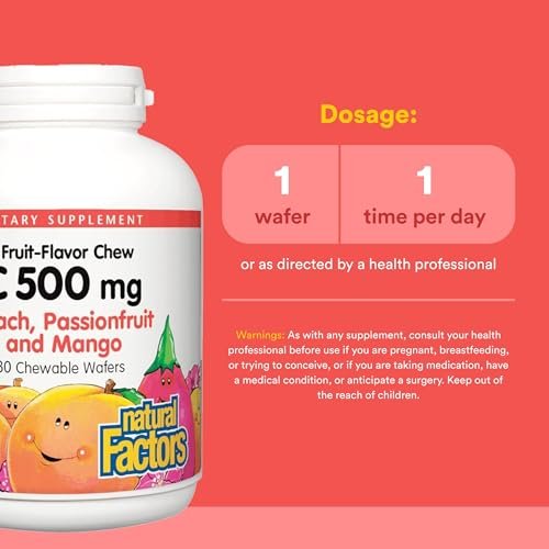 Natural Factors, Kinder Kaubare Vitamin C 500 mg, Unterstützt Immunsystem, Knochen, Zähne und Zahnfleisch, Pfirsich, Passionsfrucht und Mango, 180 Lutschtabletten