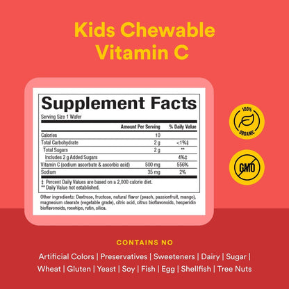Natural Factors, Kinder Kaubare Vitamin C 500 mg, Unterstützt Immunsystem, Knochen, Zähne und Zahnfleisch, Pfirsich, Passionsfrucht und Mango, 180 Lutschtabletten