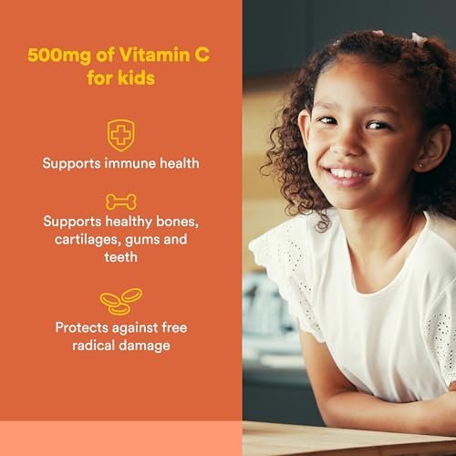 Natural Factors Kinder Kaubare Vitamin C 500 mg – Immunsystem, Knochen, Zähne & Zahnfleisch – Pfirsich, Passionsfrucht & Mango – 90 Waffeln