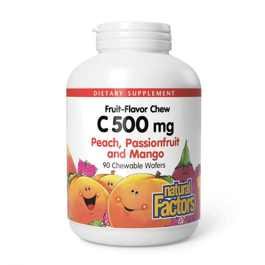 Natural Factors Kinder Kaubare Vitamin C 500 mg – Immunsystem, Knochen, Zähne & Zahnfleisch – Pfirsich, Passionsfrucht & Mango – 90 Waffeln