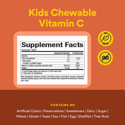 Natural Factors Kinder Kaubare Vitamin C 500 mg – Immunsystem, Knochen, Zähne & Zahnfleisch – Pfirsich, Passionsfrucht & Mango – 90 Waffeln