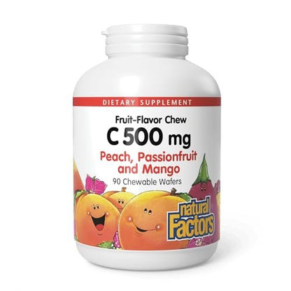 Natural Factors Kinder Kaubare Vitamin C 500 mg – Immunsystem, Knochen, Zähne & Zahnfleisch – Pfirsich, Passionsfrucht & Mango – 90 Waffeln