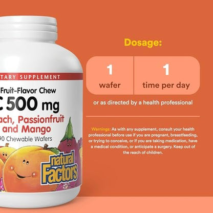 Natural Factors Kinder Kaubare Vitamin C 500 mg – Immunsystem, Knochen, Zähne & Zahnfleisch – Pfirsich, Passionsfrucht & Mango – 90 Waffeln