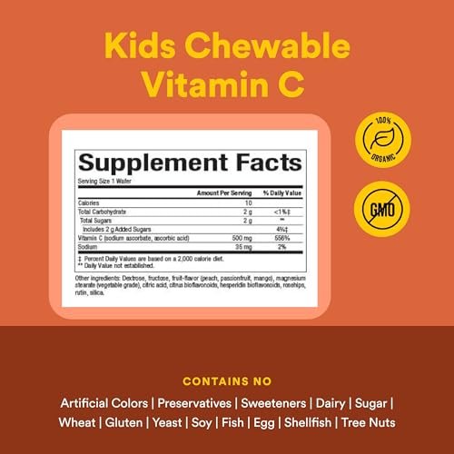 Natural Factors Kinder Kaubare Vitamin C 500 mg – Immunsystem, Knochen, Zähne & Zahnfleisch – Pfirsich, Passionsfrucht & Mango – 90 Waffeln