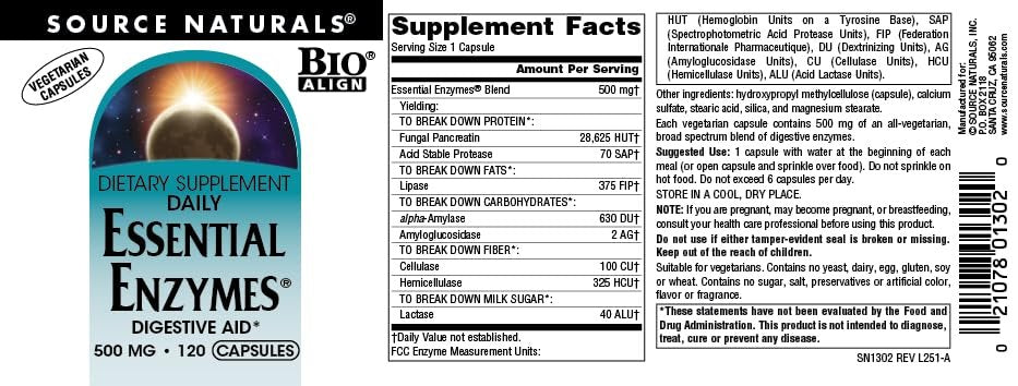 Source Naturals Essential Enzymes 500mg – Bio-Aligned Mehrfach-Enzym-Komplex für die Verdauung, gegen Blähungen und Verstopfung – 120 vegane Kapseln