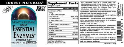 Source Naturals Essential Enzymes 500mg – Bio-Aligned Mehrfach-Enzym-Komplex für die Verdauung, gegen Blähungen und Verstopfung – 120 vegane Kapseln