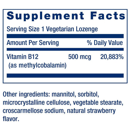 Life Extension Vitamin B12 Methylcobalamin 500mcg – Zuckerfreie Lutschtabletten für Energie & Gehirngesundheit – 100 Stück