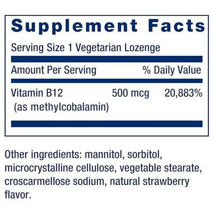 Life Extension Vitamin B12 Methylcobalamin 500mcg – Zuckerfreie Lutschtabletten für Energie & Gehirngesundheit – 100 Stück