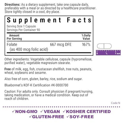 Bluebonnet Nutrition Folsäure 400 mcg – Schwangerschaftsvorsorge & postnatal, Non-GMO, vegan, koscher, glutenfrei, sojafrei, milchfrei, 90 Kapseln