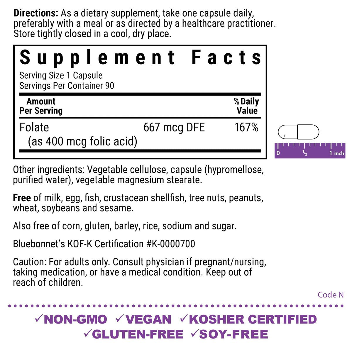 Bluebonnet Nutrition Folsäure 400 mcg – Schwangerschaftsvorsorge & postnatal, Non-GMO, vegan, koscher, glutenfrei, sojafrei, milchfrei, 90 Kapseln