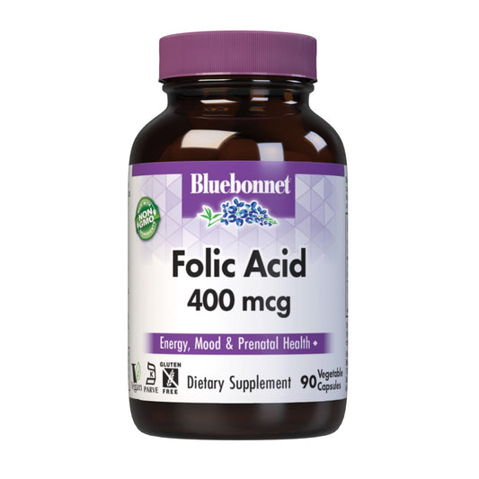 Bluebonnet Nutrition Folsäure 400 mcg – Schwangerschaftsvorsorge & postnatal, Non-GMO, vegan, koscher, glutenfrei, sojafrei, milchfrei, 90 Kapseln