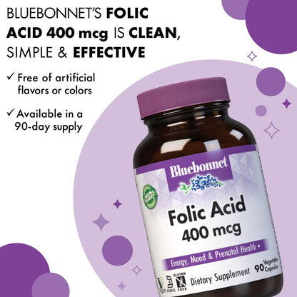 Bluebonnet Nutrition Folsäure 400 mcg – Schwangerschaftsvorsorge & postnatal, Non-GMO, vegan, koscher, glutenfrei, sojafrei, milchfrei, 90 Kapseln