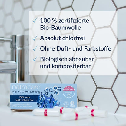 Natracare Tampons Super Plus ohne Applikator, 100% Bio-Baumwolle, chlorfrei, biologisch abbaubar (20 Stück)
