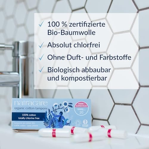 Natracare Tampons Super Plus ohne Applikator, 100% Bio-Baumwolle, chlorfrei, biologisch abbaubar (20 Stück)
