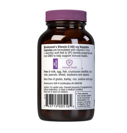 Bluebonnet Nutrition Vitamin C 500 mg Kapseln – Ascorbinsäure für Immunsystem & Hautgesundheit – Vegan, Vegetarisch, Non-GMO, Glutenfrei, Sojafrei, Milchfrei, Koscher – 90 Kapseln