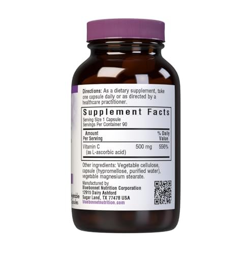 Bluebonnet Nutrition Vitamin C 500 mg Kapseln – Ascorbinsäure für Immunsystem & Hautgesundheit – Vegan, Vegetarisch, Non-GMO, Glutenfrei, Sojafrei, Milchfrei, Koscher – 90 Kapseln