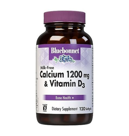Bluebonnet Nutrition Milchfreies Calcium 1.200 mg plus Vitamin D3 400 IE – Hochdosiert, maximale Absorption für starke Knochen & Immununterstützung, glutenfrei, laktosefrei, 120 Softgels