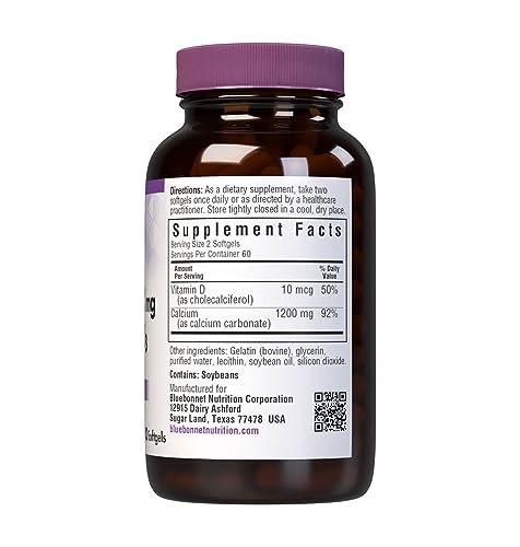 Bluebonnet Nutrition Milchfreies Calcium 1.200 mg plus Vitamin D3 400 IE – Hochdosiert, maximale Absorption für starke Knochen & Immununterstützung, glutenfrei, laktosefrei, 120 Softgels