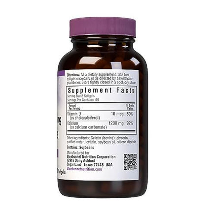 Bluebonnet Nutrition Milchfreies Calcium 1.200 mg plus Vitamin D3 400 IE – Hochdosiert, maximale Absorption für starke Knochen & Immununterstützung, glutenfrei, laktosefrei, 120 Softgels