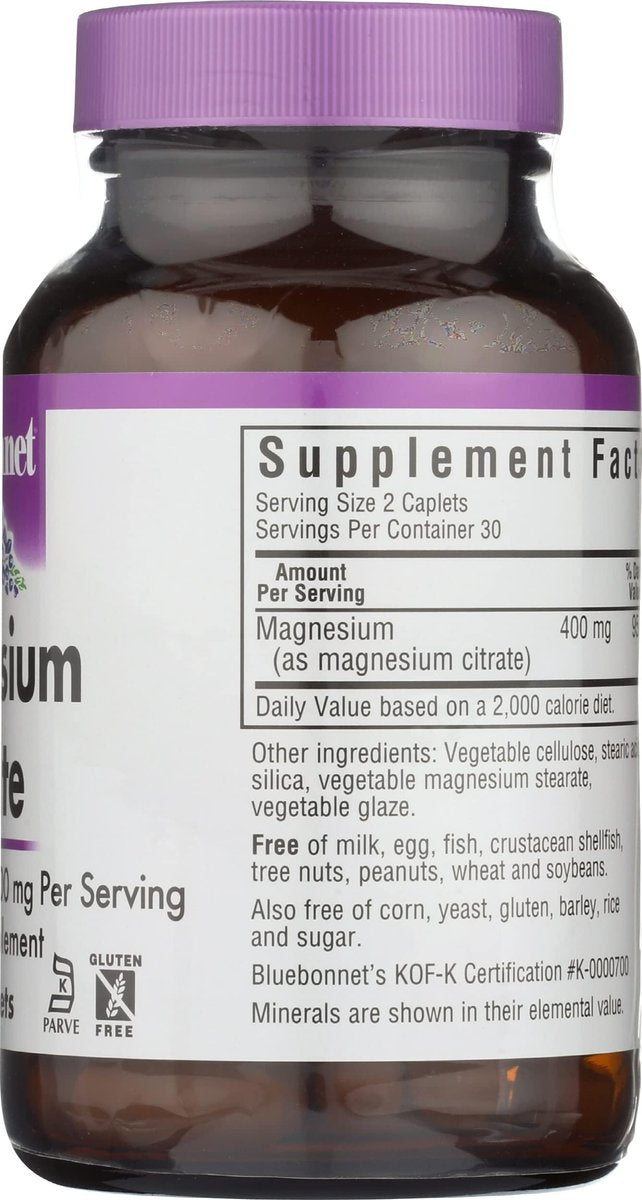 Bluebonnet Nutrition Magnesiumcitrat – 400 mg Magnesium pro Portion – Maximale Aufnahme – Unterstützt Immunsystem & Energieproduktion – Sojafrei, glutenfrei, nicht-GVO, koscher, milchfrei, vegan – 60 Kapseln