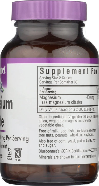 Bluebonnet Nutrition Magnesiumcitrat – 400 mg Magnesium pro Portion – Maximale Aufnahme – Unterstützt Immunsystem & Energieproduktion – Sojafrei, glutenfrei, nicht-GVO, koscher, milchfrei, vegan – 60 Kapseln